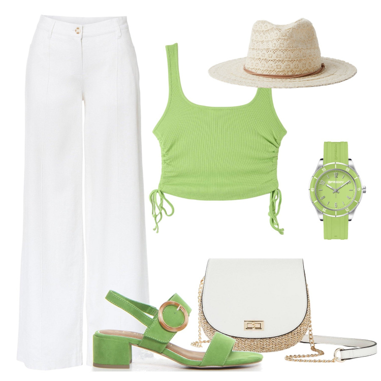 Outfit donna - Dettagli lime in città. Stile Trendy per Tutti i giorni. Abbinamento con pantaloni a palazzo, borse a tracolla, top, cappelli, orologi, sandali col tacco.
