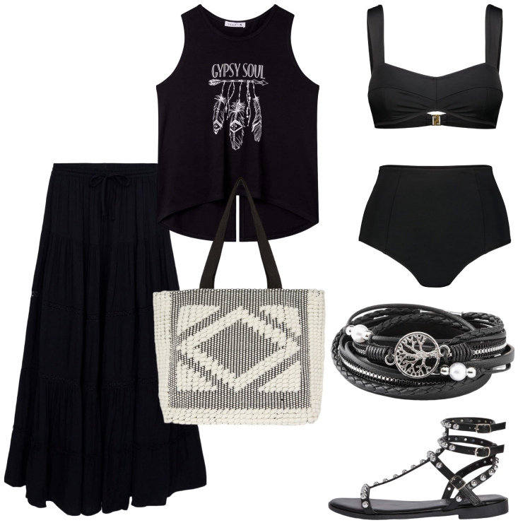 Outfit donna - Mare in Total black. per Mare. Abbinamento con braccialetti, gonne lunghe, canottiere, sandali, bikini, shopping bag.