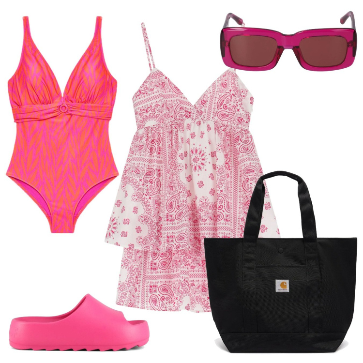 Outfit donna - Summer outfits. Stile Boho per Mare. Abbinamento con vestiti corti, bikini, ciabatte, occhiali da sole, borse tote.