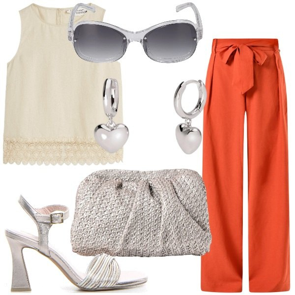 Outfit donna - Summer Outfits. Stile Glamour per Tutti i giorni. Abbinamento con top, pantaloni, clutch, orecchini, sandali col tacco, occhiali da sole.