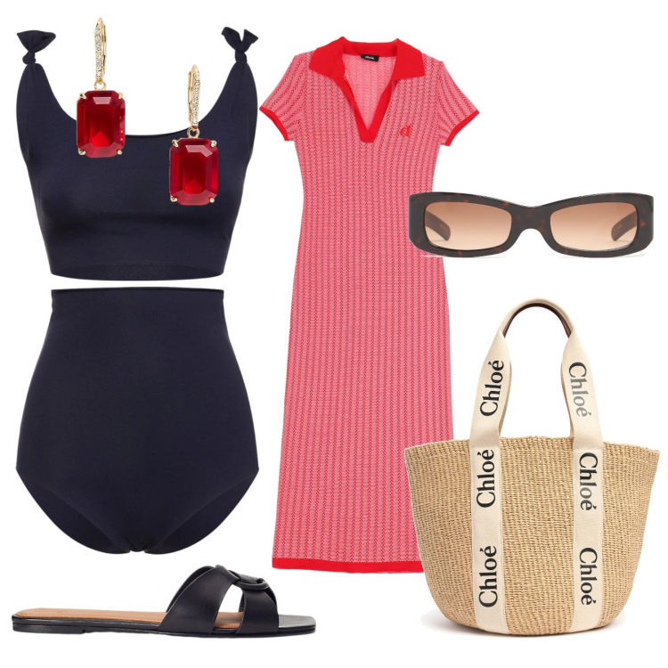 Outfit donna - Total look #2176402. Stile Trendy per Mare. Abbinamento con vestiti midi/longuette, orecchini, ciabatte, bikini, shopping bag, occhiali da sole.