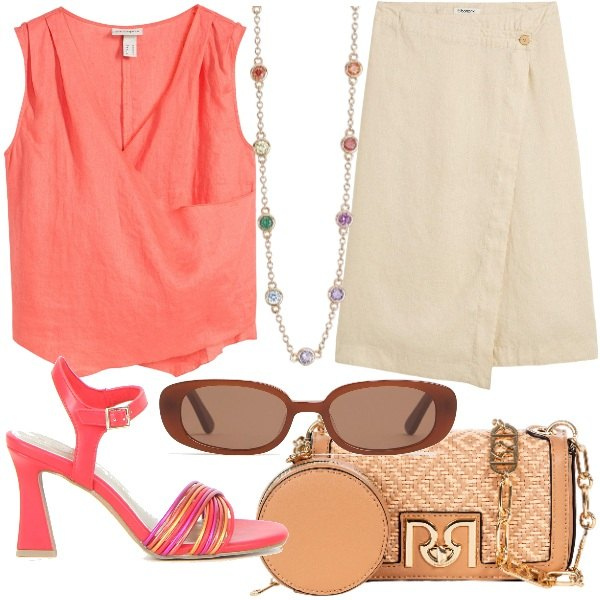 Outfit donna - Look estivo. Stile Glamour per Tutti i giorni. Abbinamento con gonne, top, collane, borse a tracolla, sandali col tacco, occhiali da sole.