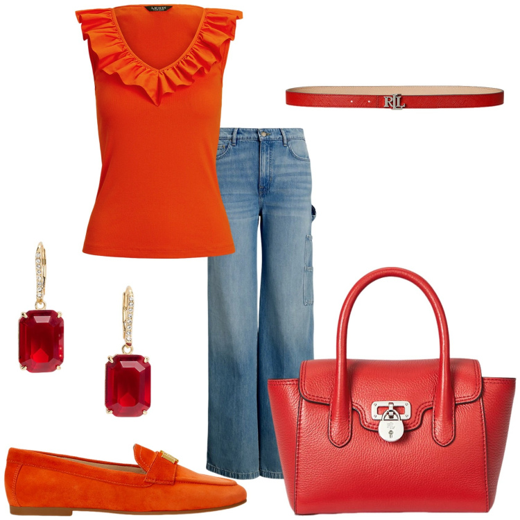 Outfit donna - Stile lauren. Stile Casual chic per Tutti i giorni. Abbinamento con cinture, borse a mano, top, mocassini, jeans, orecchini.
