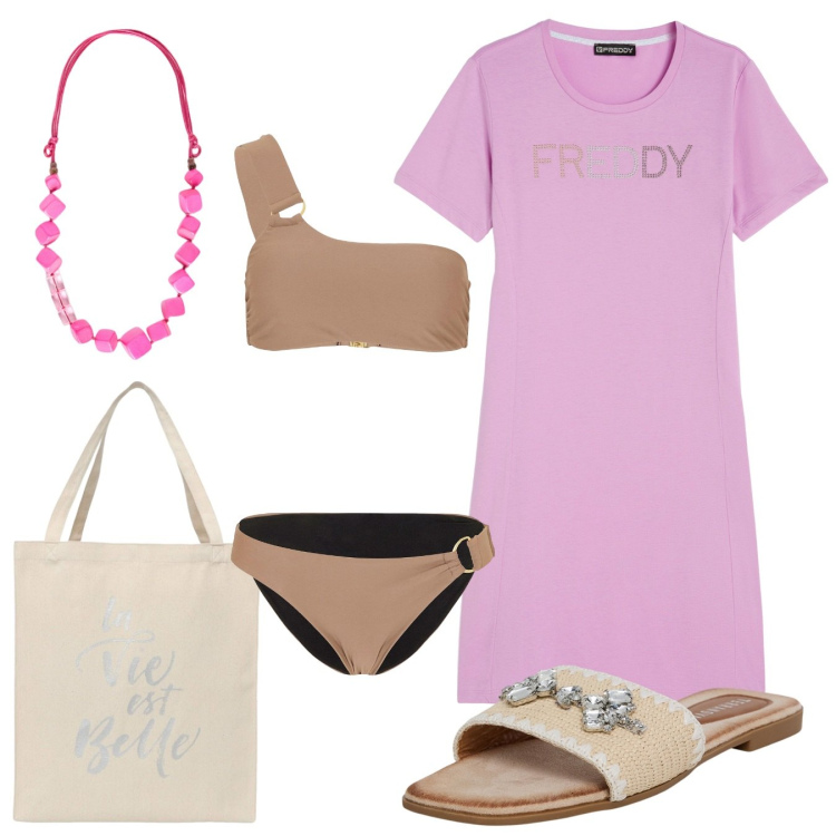 Outfit donna - Summer outfits. Stile Casual per Mare. Abbinamento con bikini, ciabatte, borse tote, vestiti lunghi, collane.