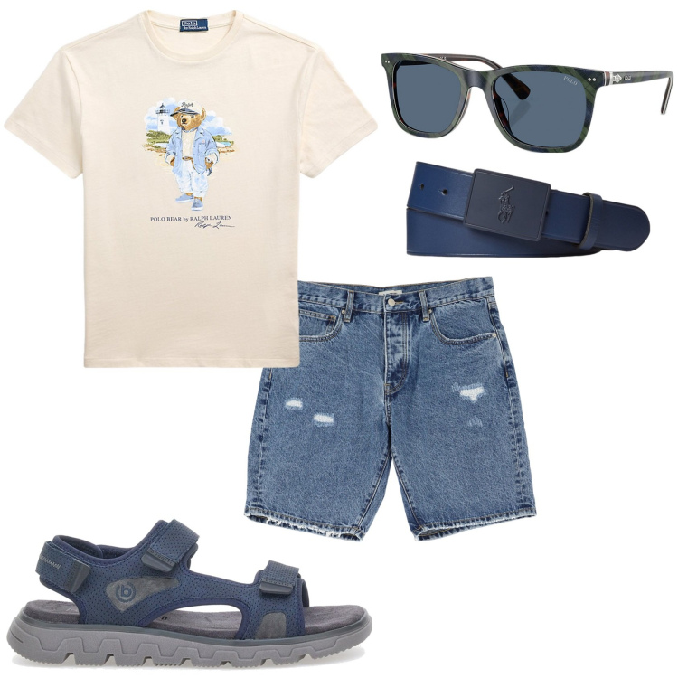 Outfit uomo - Bermuda jeans e maglietta. Stile Casual per Tutti i giorni. Abbinamento con bermuda, occhiali da sole, cinture, t-shirt, sandali.