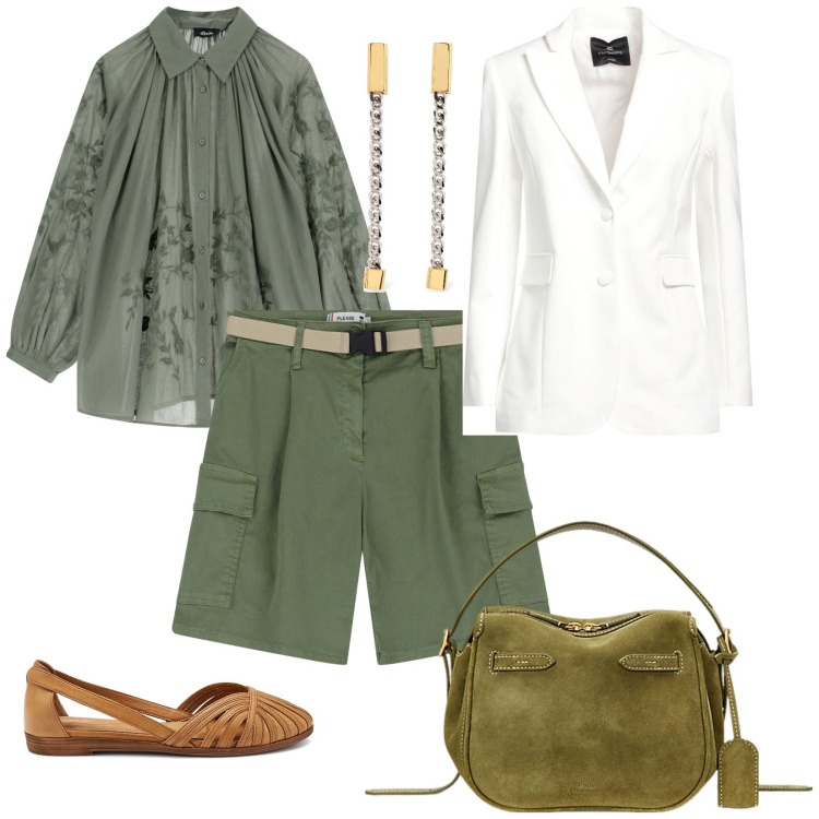Outfit donna - Così a lavoro. per Ufficio. Abbinamento con blazer, shorts, camicie, borse a mano, ballerine, orecchini.