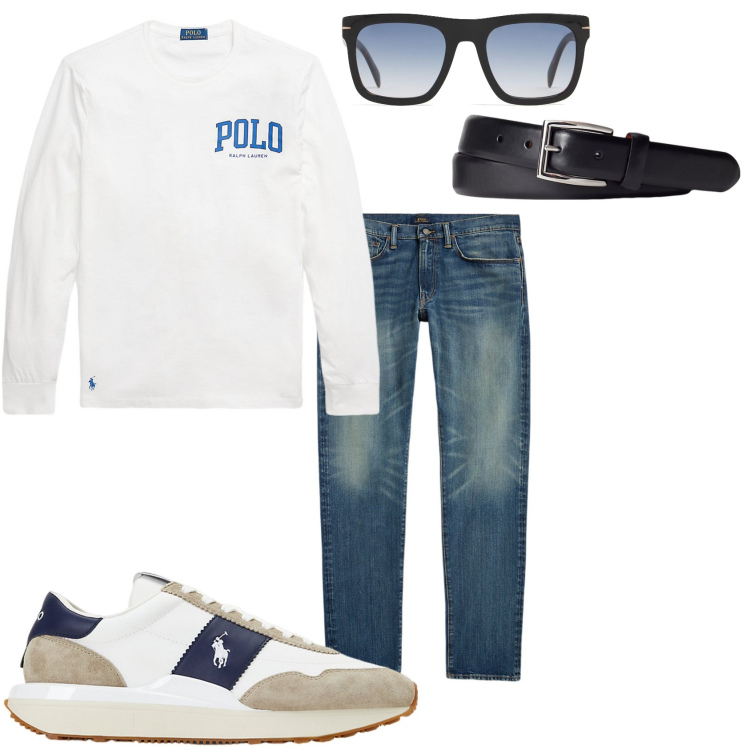 Outfit uomo - Serata al mare. Stile Urban per Tutti i giorni. Abbinamento con cinture, sneakers, jeans, t-shirt, occhiali da sole.