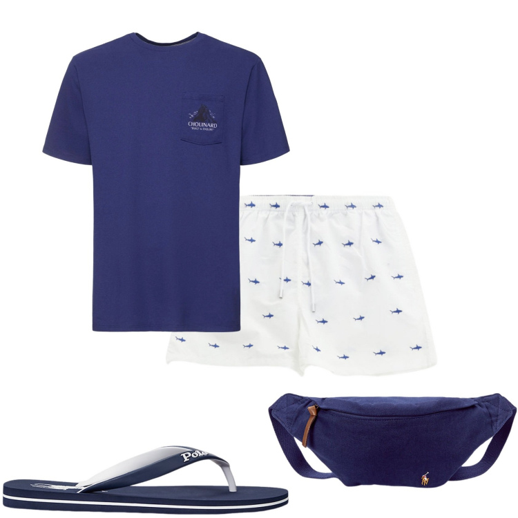 Outfit uomo - Al mare con il marsupio. Stile Trendy per Mare. Abbinamento con costumi, sandali, borse sportive, t-shirt.