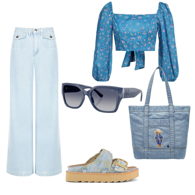 Outfit donna - Tra amiche. per Serata fuori. Abbinamento con top, jeans dritti, occhiali da sole, borse tote, sandali.