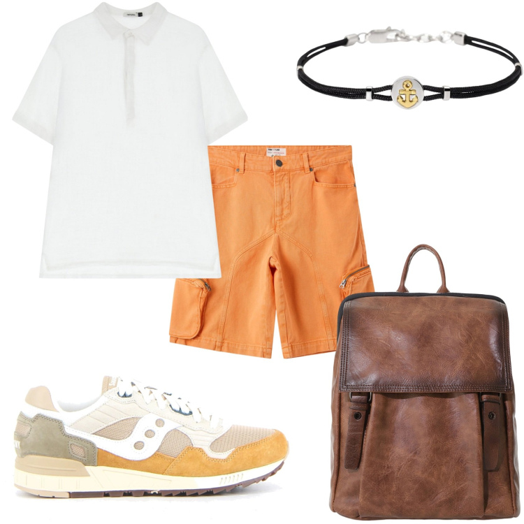 Outfit uomo - L\'occasione giusta. Stile Trendy per Tutti i giorni. Abbinamento con pantaloni corti, braccialetti, borse sportive, polo, sneakers.