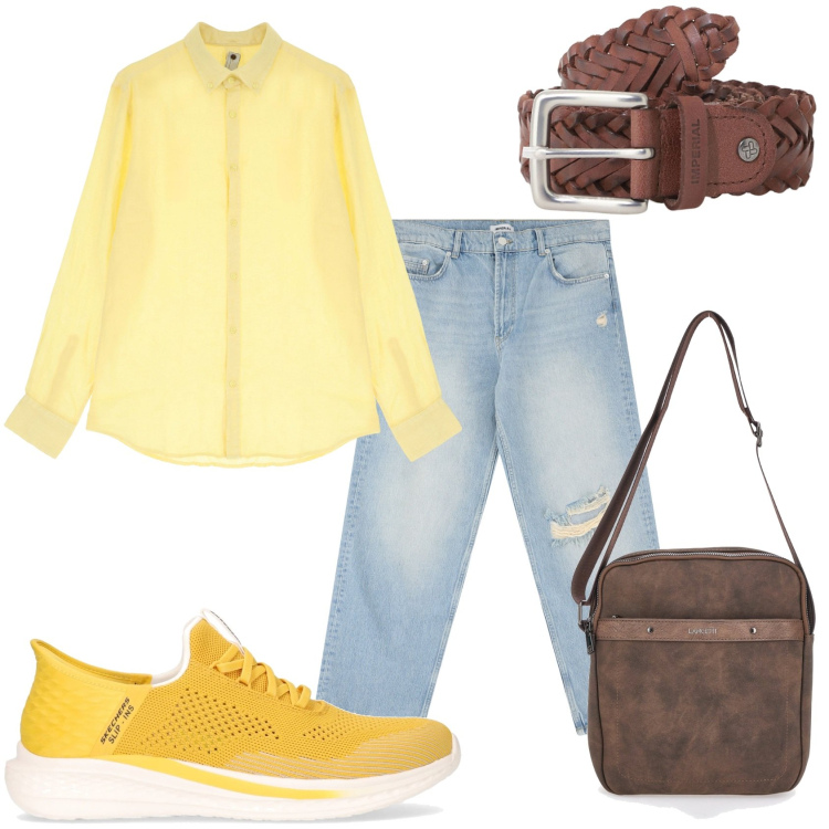 Outfit uomo - In città per spese. Stile Casual per Tutti i giorni. Abbinamento con jeans strappati, cinture, camicie, portafogli, sneakers.