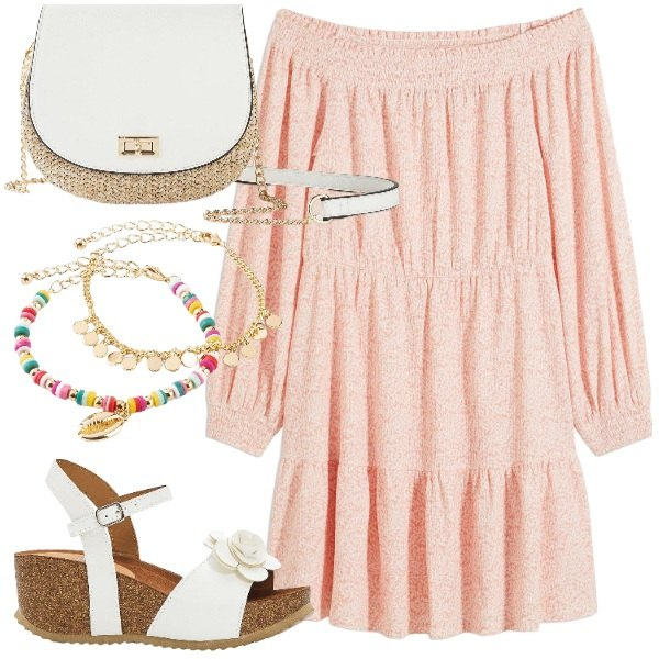 Outfit donna - Summer romance. Stile Romantica per Tutti i giorni. Abbinamento con vestiti, sandali, borse a tracolla, braccialetti con ciondoli.