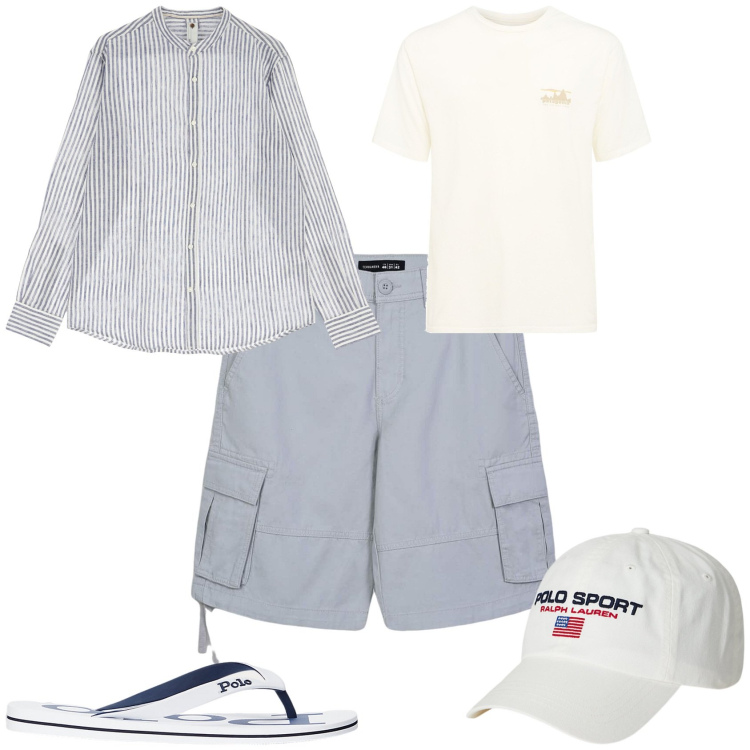 Outfit uomo - Total look #2176437. Stile Casual per Mare. Abbinamento con bermuda, camicie, sandali, berretti, t-shirt.