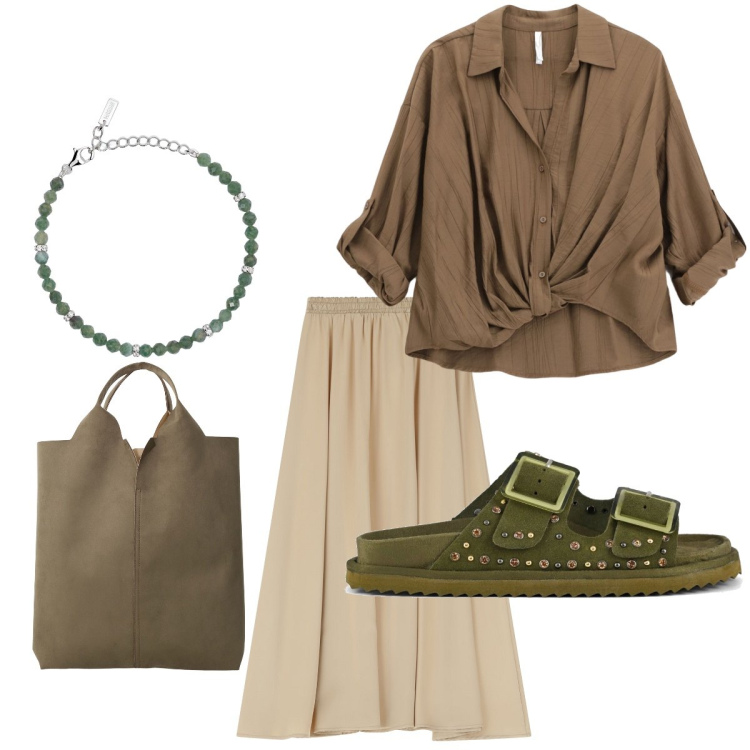 Outfit donna - La camicetta annodata. Stile Basic per Tutti i giorni. Abbinamento con braccialetti, camicie, gonne lunghe, shopping bag, sandali.
