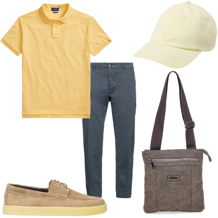 Outfit uomo - In giro per la città. Stile Casual per Tutti i giorni. Abbinamento con pantaloni, scarpe stringate, polo, cappelli, portafogli.