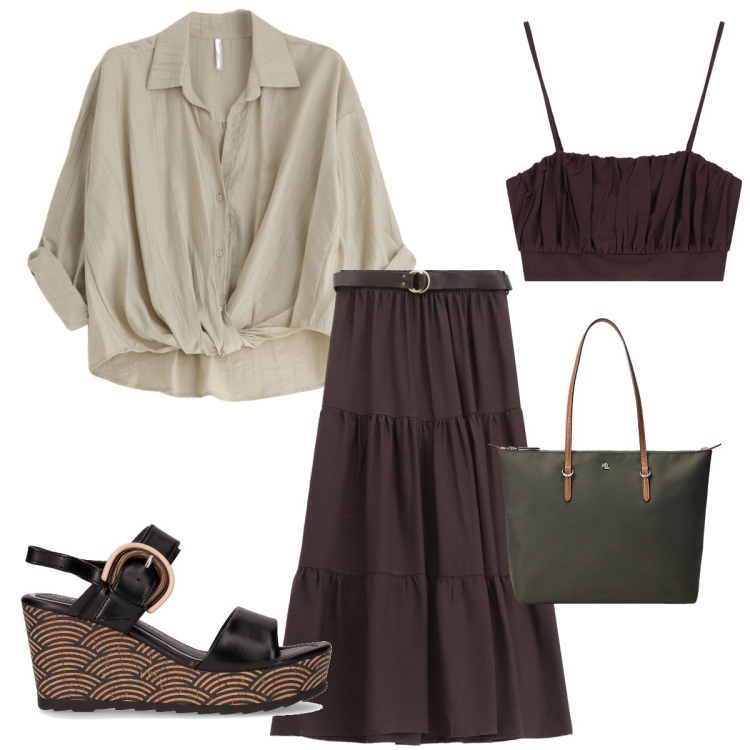Outfit donna - La gonna a balze. Stile Basic per Tutti i giorni. Abbinamento con top, gonne lunghe, camicie, borse tote, sandali col tacco.