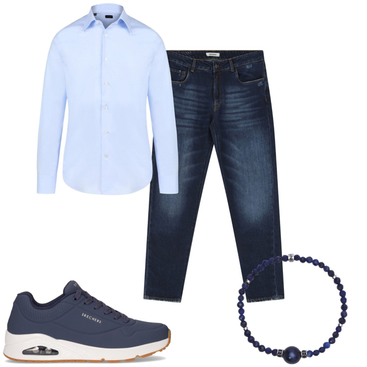 Outfit uomo - La serata estiva con te. Stile Casual per Tutti i giorni. Abbinamento con braccialetti, jeans dritti, sneakers, camicie.