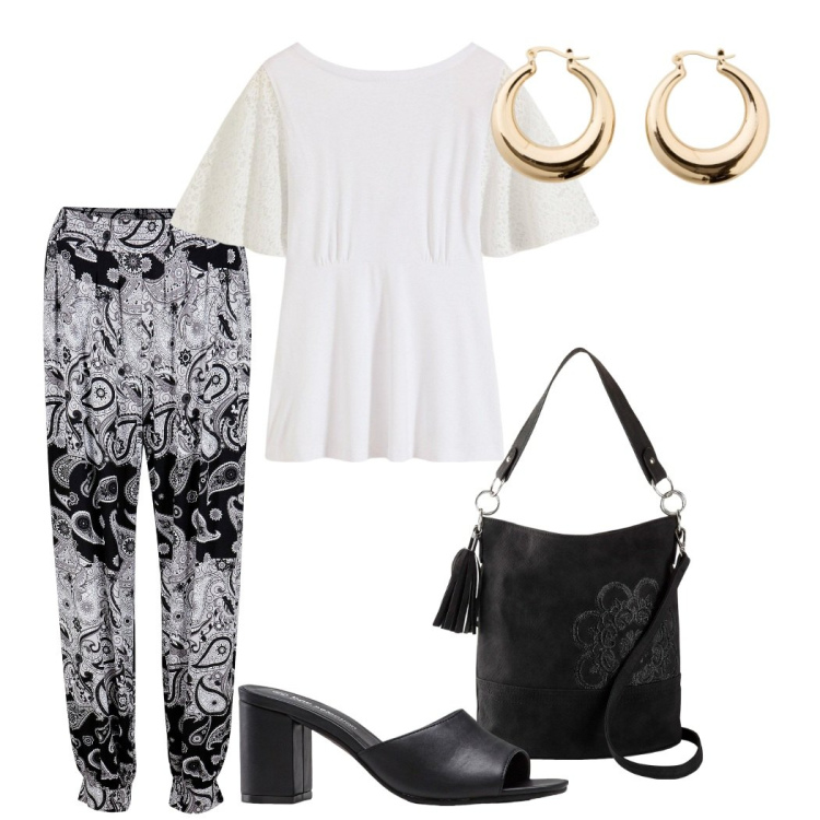 Outfit donna - Bonprix una passeggiata sul lungomare. Stile Chic per Serata fuori. Abbinamento con pantaloni, ciabatte, borse a mano, bluse, orecchini.