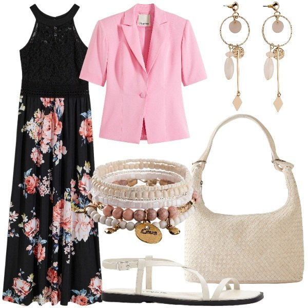 Outfit donna - Romanticismo in estate. Stile Glamour per Cerimonia. Abbinamento con vestiti lunghi, blazer, shopping bag, braccialetti, orecchini, sandali.
