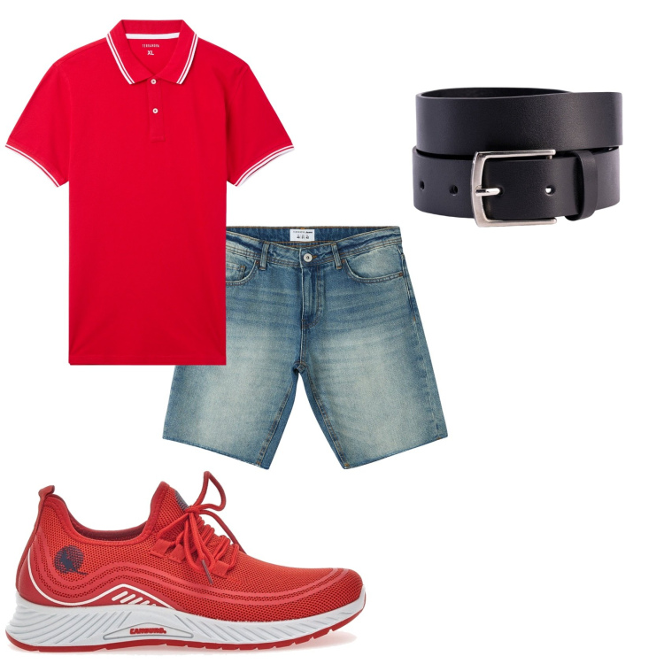Outfit uomo - La polo rossa. Stile Casual per Tutti i giorni. Abbinamento con bermuda, polo, sneakers, cinture.