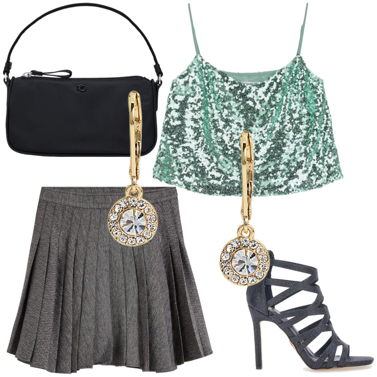 Outfit donna - Sexy scarpe. Stile Glamour per Serata fuori. Abbinamento con minigonne, top, pochette, orecchini, sandali col tacco.