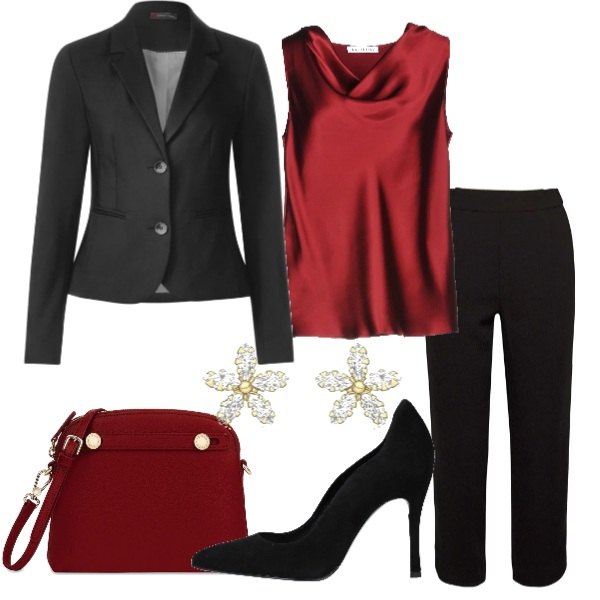 Outfit donna - Eleganza senza tempo con il tailleur. Stile Chic per Ufficio. Abbinamento con top con drappeggio effetto acetato scollatura in raso tinta unita, stiletti, pantalone nero, giacca nero, borsa a tracolla, orecchini con zirconia in oro giallo 9ct.