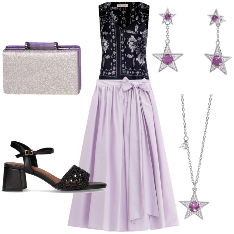Outfit donna - Serata stellare. Stile Casual chic per Serata fuori. Abbinamento con gonne lunghe, orecchini, collane, top, pochette, sandali col tacco.