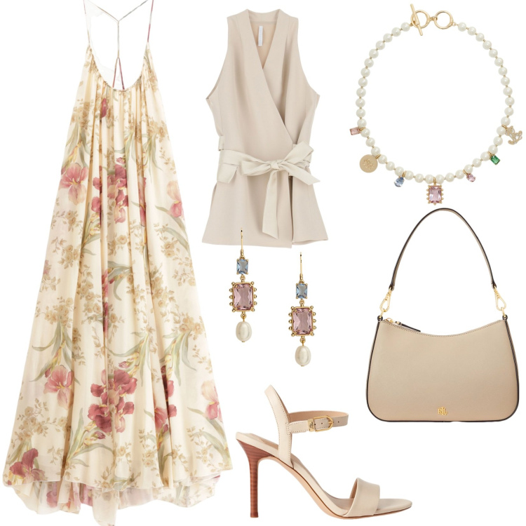 Outfit donna - Un\'estate Imperial. Stile Romantica per Serata fuori. Abbinamento con gilet, vestiti lunghi, borse a spalla, sandali in pelle, ciondoli, orecchini.
