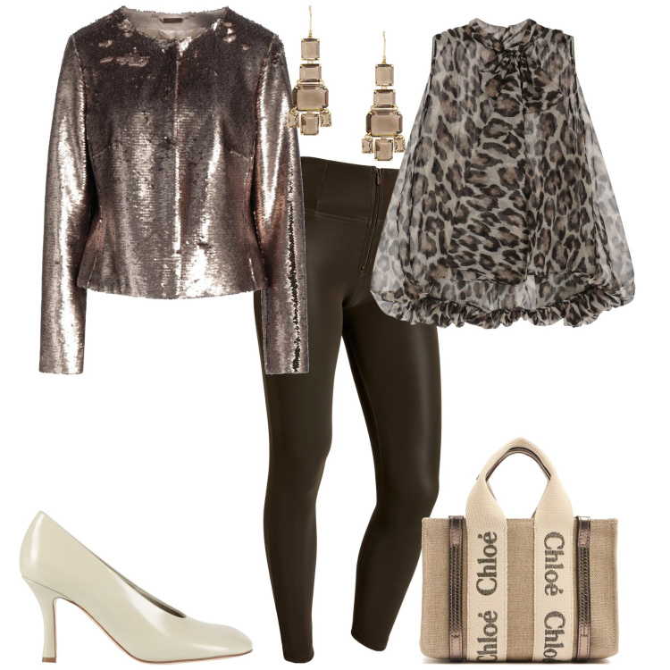 Outfit donna - Evento serata glamour. Stile Glamour per Serata fuori. Abbinamento con blazer, décolleté, camicie, pantaloni skinny, orecchini, borse a mano.
