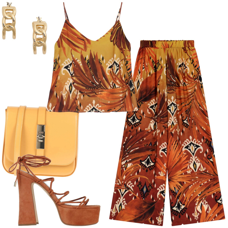 Outfit donna - Toni caldi. Stile Trendy per Tutti i giorni. Abbinamento con sandali in pelle, borse a tracolla, canottiere, pantaloni a palazzo, orecchini.