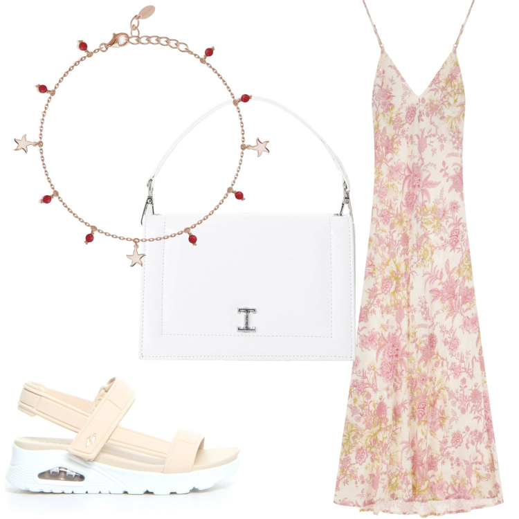 Outfit donna - Delicatamente. Stile Boho per Serata fuori. Abbinamento con braccialetti con ciondoli, borse a tracolla, vestiti lunghi, sandali.