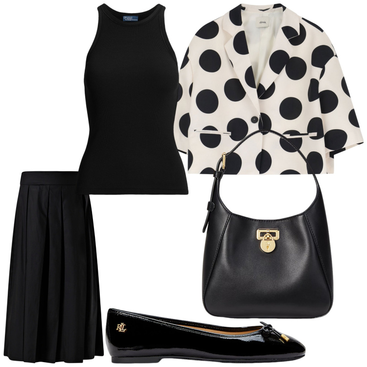 Outfit donna - Pois bon ton. Stile Bon Ton per Serata fuori. Abbinamento con gonne longuette, canottiere, borse a tracolla, ballerine, blazer.