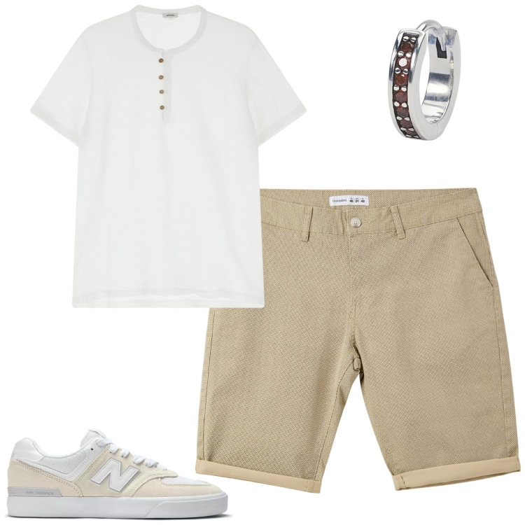Outfit uomo - Colore sabbia. Stile Casual per Tutti i giorni. Abbinamento con pantaloni corti, orecchini, sneakers, camicie.