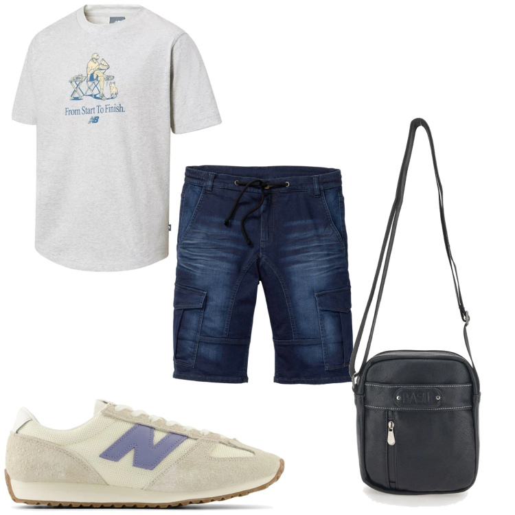 Outfit uomo - Bermuda e t-shirt. Stile Casual per Tutti i giorni. Abbinamento con bermuda, t-shirt, sneakers, portafogli.