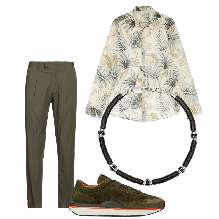 Outfit uomo - Foglie e fiori. Stile Casual per Tutti i giorni. Abbinamento con pantaloni, braccialetti, camicie, sneakers.