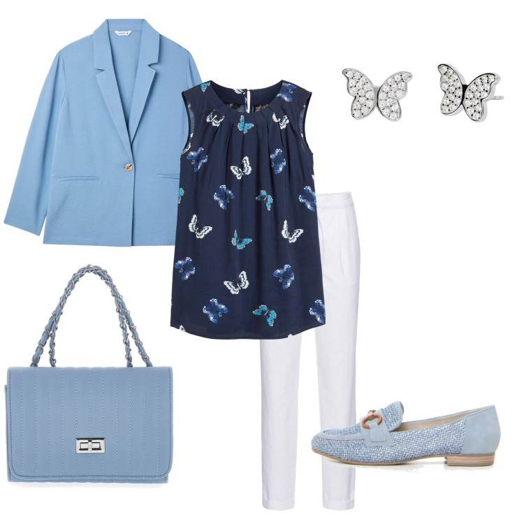 Outfit donna - Farfalle in ufficio. Stile Romantica per Ufficio. Abbinamento con top, pantaloni, blazer, orecchini, mocassini, borse a tracolla.