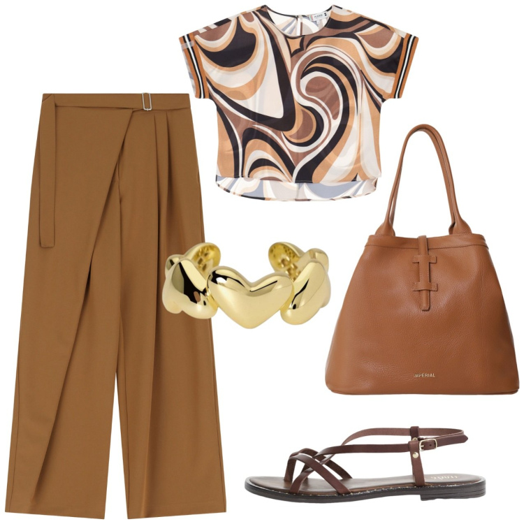 Outfit donna - Blusa fantasia. Stile Casual per Tutti i giorni. Abbinamento con anelli, bluse, pantaloni a palazzo, borse tote, sandali.