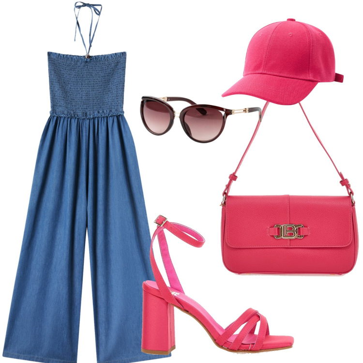 Outfit donna - Un tardo pomeriggio d\'estate. Stile Casual chic per Serata fuori. Abbinamento con occhiali da sole, tute, cappelli, sandali col tacco, borse a spalla.