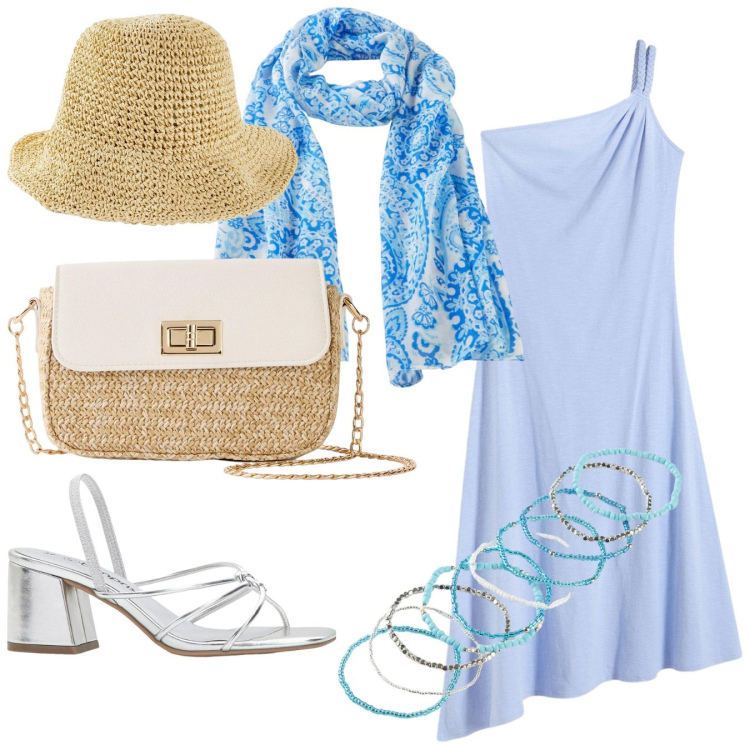 Outfit donna - Summer romance. Stile Boho per Tutti i giorni. Abbinamento con sandali col tacco, sciarpe, cappelli, vestiti asimmetrici, shopping bag, braccialetti.