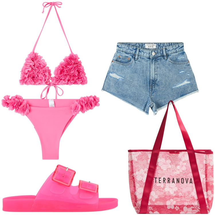 Outfit donna - Fuxia mare. Stile Casual per Mare. Abbinamento con shopping bag, bikini, shorts, bikini, sandali.