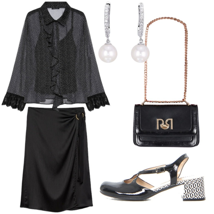Outfit donna - La camicia elegante e leggera. Stile Chic per Serata fuori. Abbinamento con orecchini, borse a tracolla, camicie, gonne longuette, décolleté.