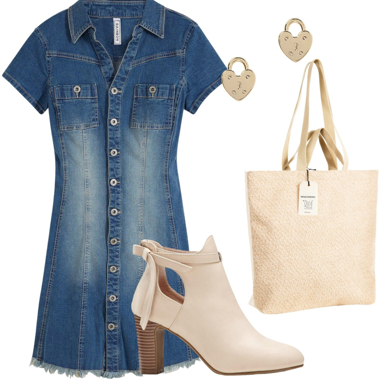 Outfit donna - Giorno in jeans. Stile Casual chic per Ufficio. Abbinamento con vestiti, stivaletti, borse tote, orecchini.