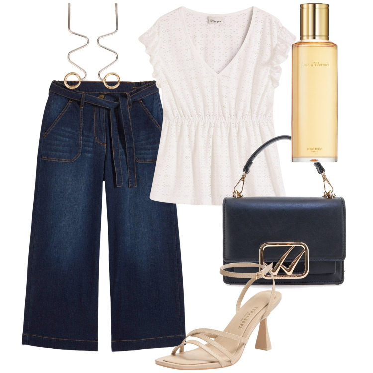 Outfit donna - Giugno. Stile Casual chic per Tutti i giorni. Abbinamento con jeans, bluse, profumi, sandali col tacco, orecchini, borse a tracolla.