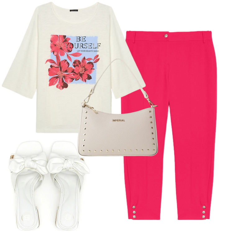 Outfit donna - Giugno. Stile Urban per Tutti i giorni. Abbinamento con borse a spalla, pantaloni chino, t-shirt, ciabatte.