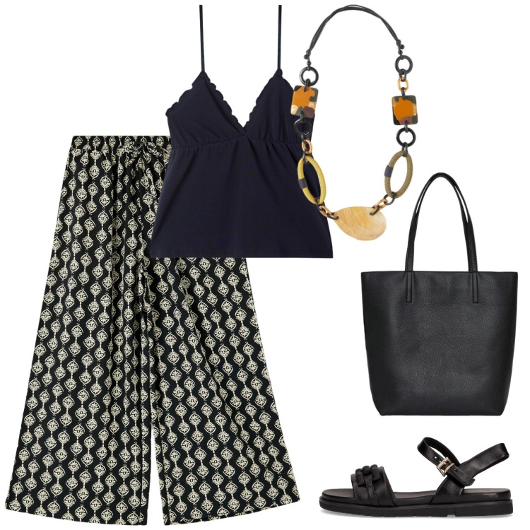 Outfit donna - Top nero pantalone fantasia. Stile Casual chic per Tutti i giorni. Abbinamento con pantaloni a palazzo, borse tote, canottiere, collane, sandali.