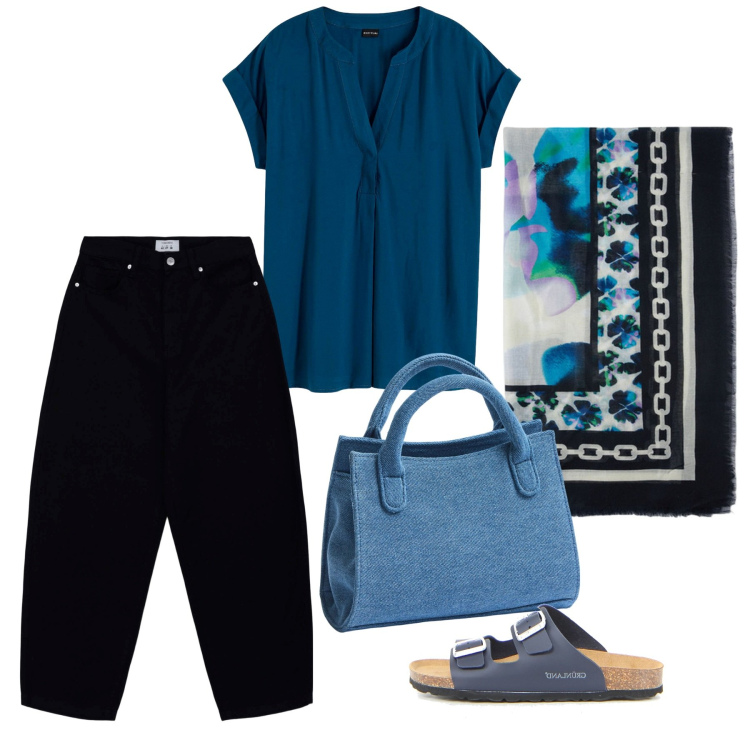Outfit donna - Giugno. Stile Casual per Tutti i giorni. Abbinamento con bluse, pantaloni, borse a tracolla, foulard, ciabatte.
