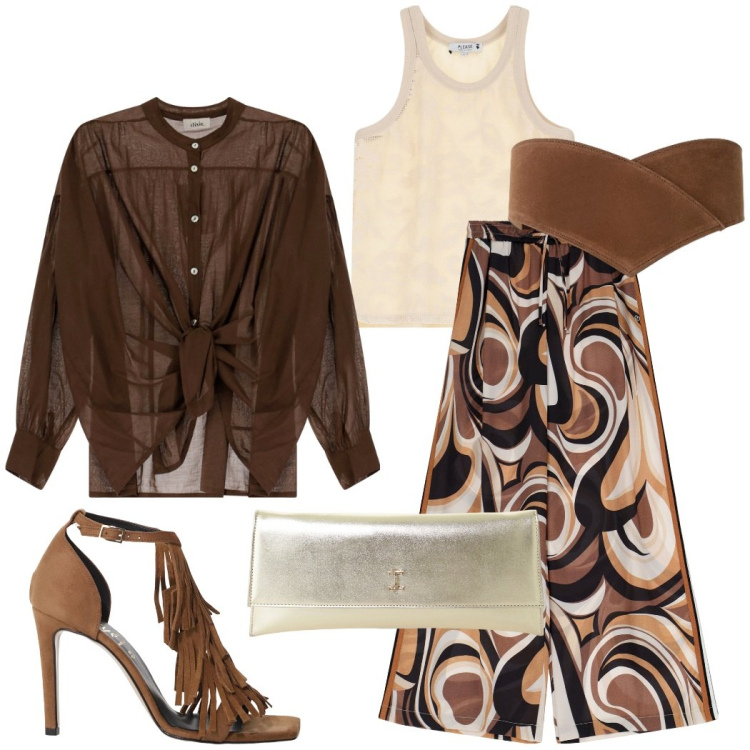 Outfit donna - Boho chic. Stile Boho per Serata fuori. Abbinamento con pantaloni, top, pochette, camicie, décolleté, cinture.