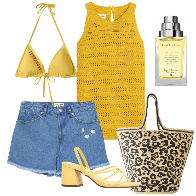 Outfit donna - Giugno al mare. Stile Casual per Mare. Abbinamento con sandali col tacco, top, shopping bag, profumi, shorts, bikini.