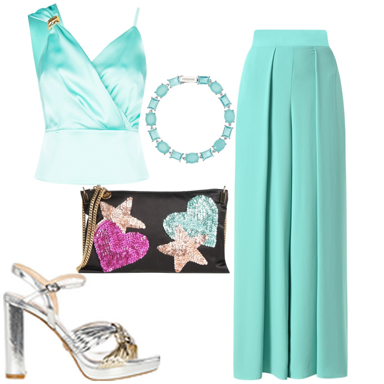 Outfit donna - Cerimonia. Stile Glamour per Cerimonia. Abbinamento con borse a tracolla, braccialetti, pantaloni, top, sandali in pelle.