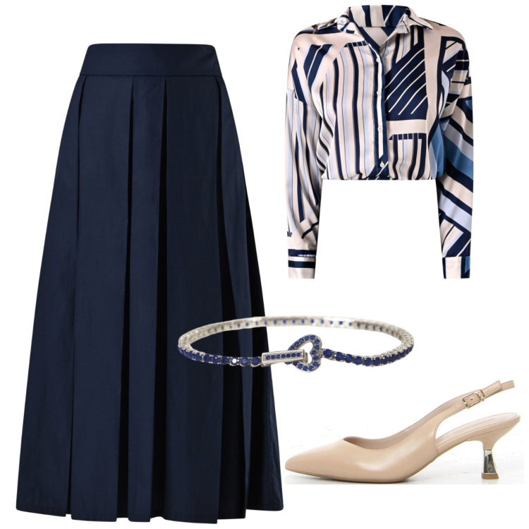 Outfit donna - Camicia q atampa gonna midi. Stile Bon Ton per Ufficio. Abbinamento con braccialetti, camicie, gonne longuette, décolleté.